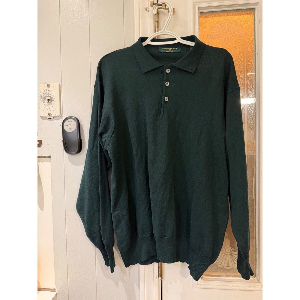 Embassy Row Mens Pure New Wool Polo Sweater Green Made in Italy L